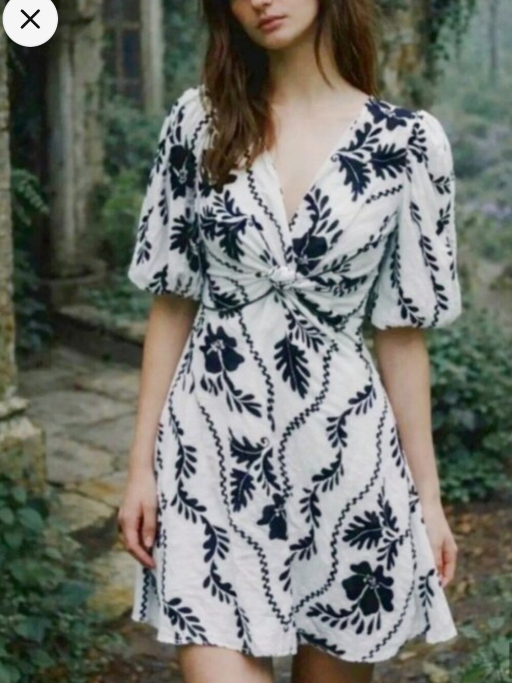 White & Black Floral V-Neck Knot Front Linen Mini Dress